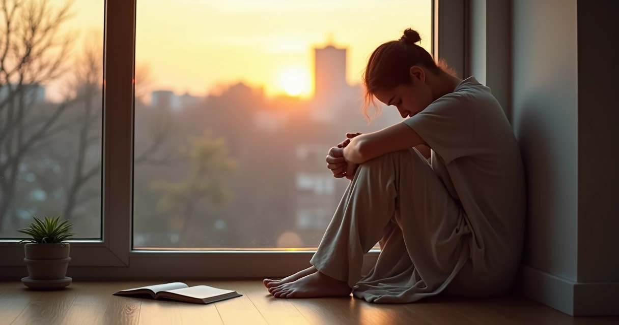 Persona sentada junto a una ventana abrazando sus rodillas en actitud reflexiva 