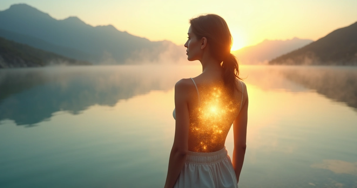 Persona con el pecho abierto mostrando un paisaje interior luminoso 