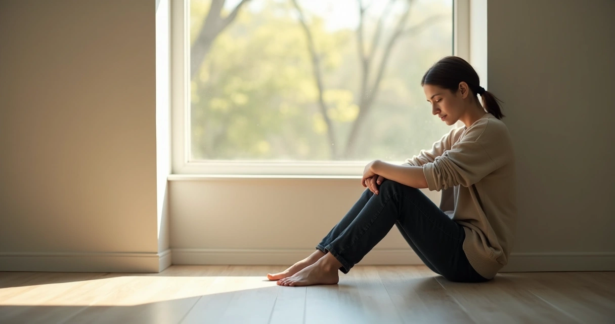 Persona sentada junto a una ventana sosteniéndose el pecho con expresión vulnerable 