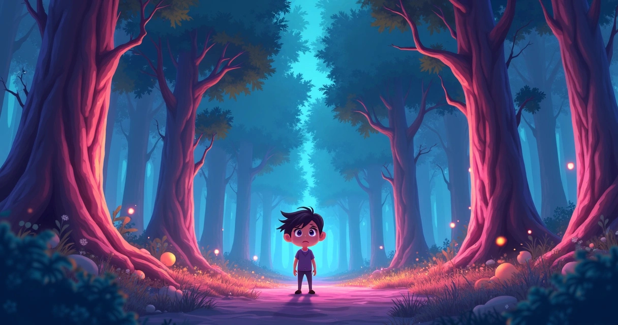 Protagonista de anime com expressão confusa perdido em uma floresta brilhante 