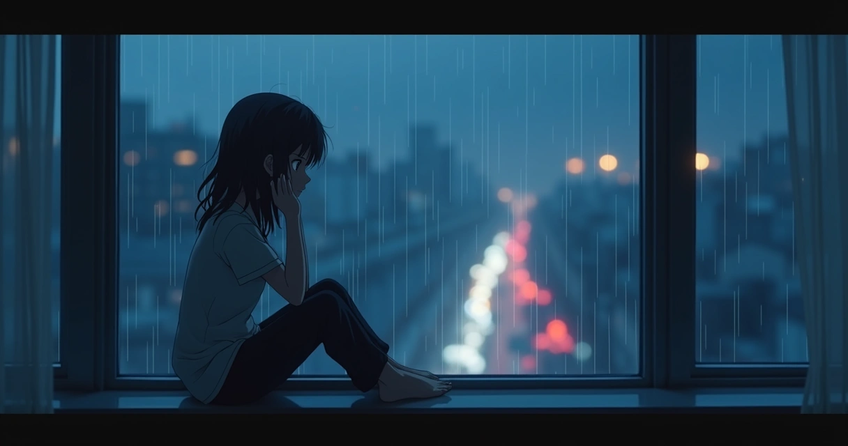 Personagem de anime pensativo olhando pela janela 