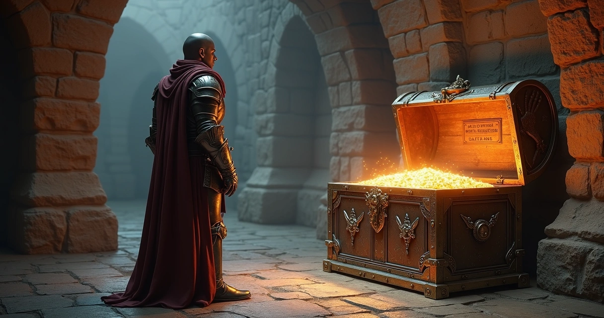 Personagem medieval diante de um baú de tesouro fechado, olhando atento
