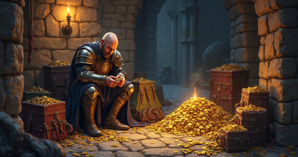 Jogador contando pilhas de ouro em sua backpack de Tibia 