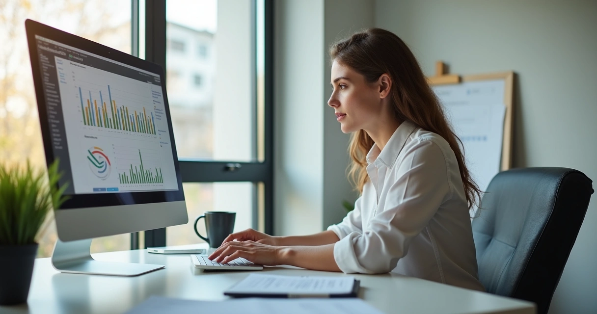 Mulher sentada diante de computador com gráficos contábeis na tela, ambiente de escritório moderno 
