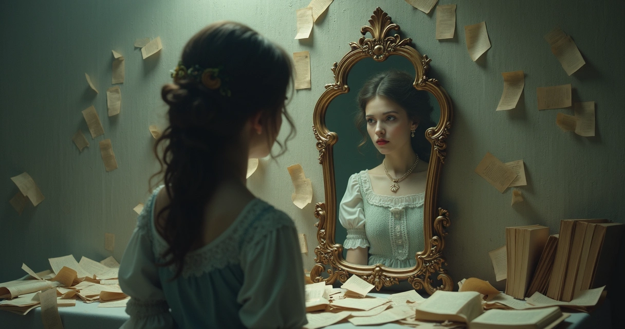 Personagem literário refletido em um espelho 