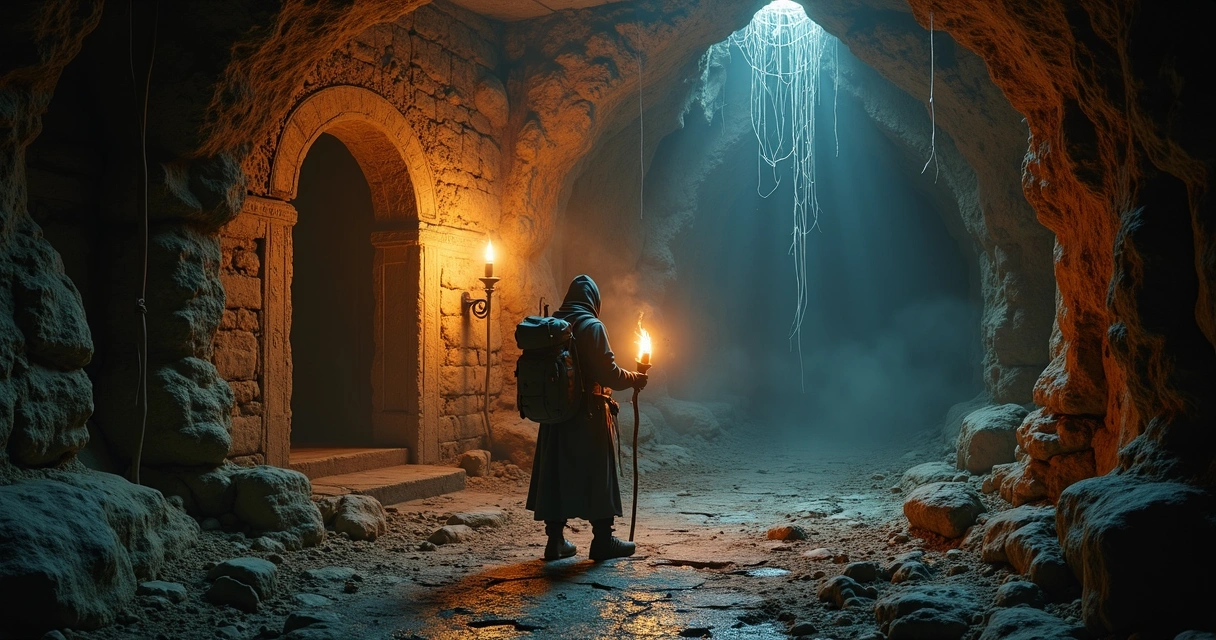 Personagem explorando um templo antigo com tocha acesa 