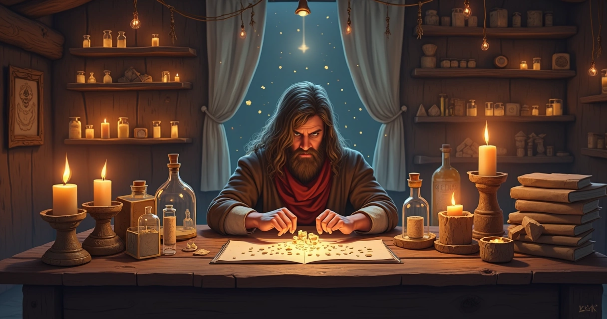 Personagem de Tibia sentado em uma sala rodeado por runas e potes de mana, preparando runas em frente a uma mesa 