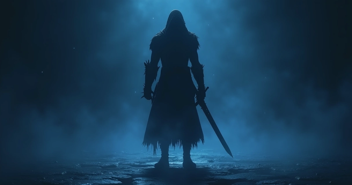 Sombra de um personagem de Tibia segurando espada com fundo azul escuro e leve brilho no chão 