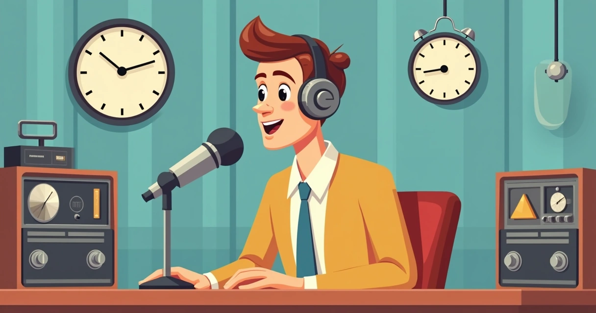 Homem simulando locução radialista em estúdio vintage