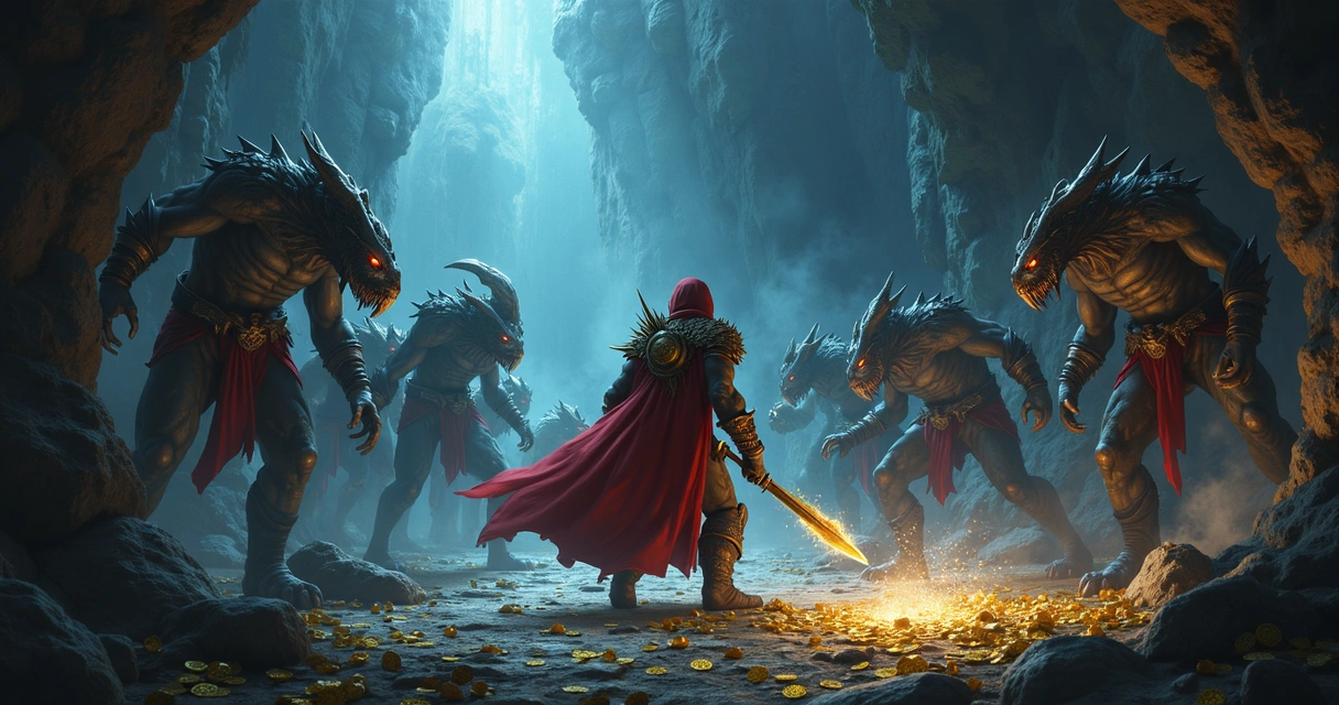 Personagem de Tibia enfrentando vários monstros em uma sala sombria 