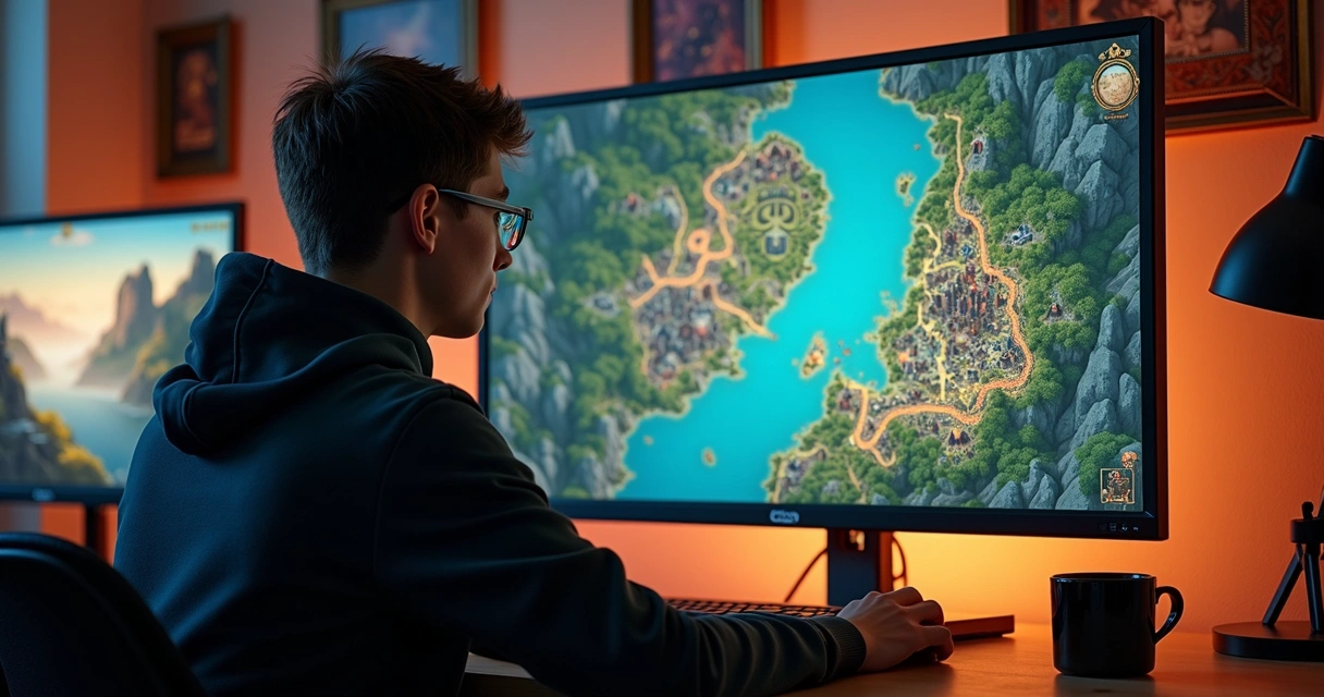 Jogador de Tibia consultando um mapa digital detalhado em tela widescreen