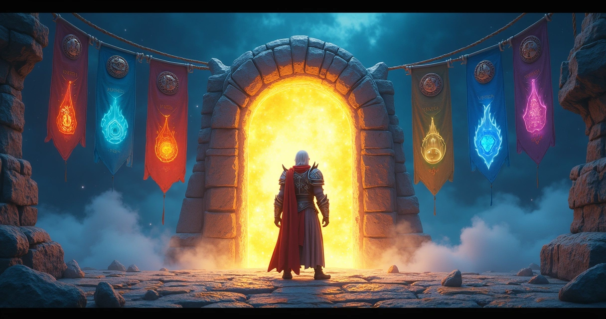 Personagem de Tibia em frente a um portal mágico