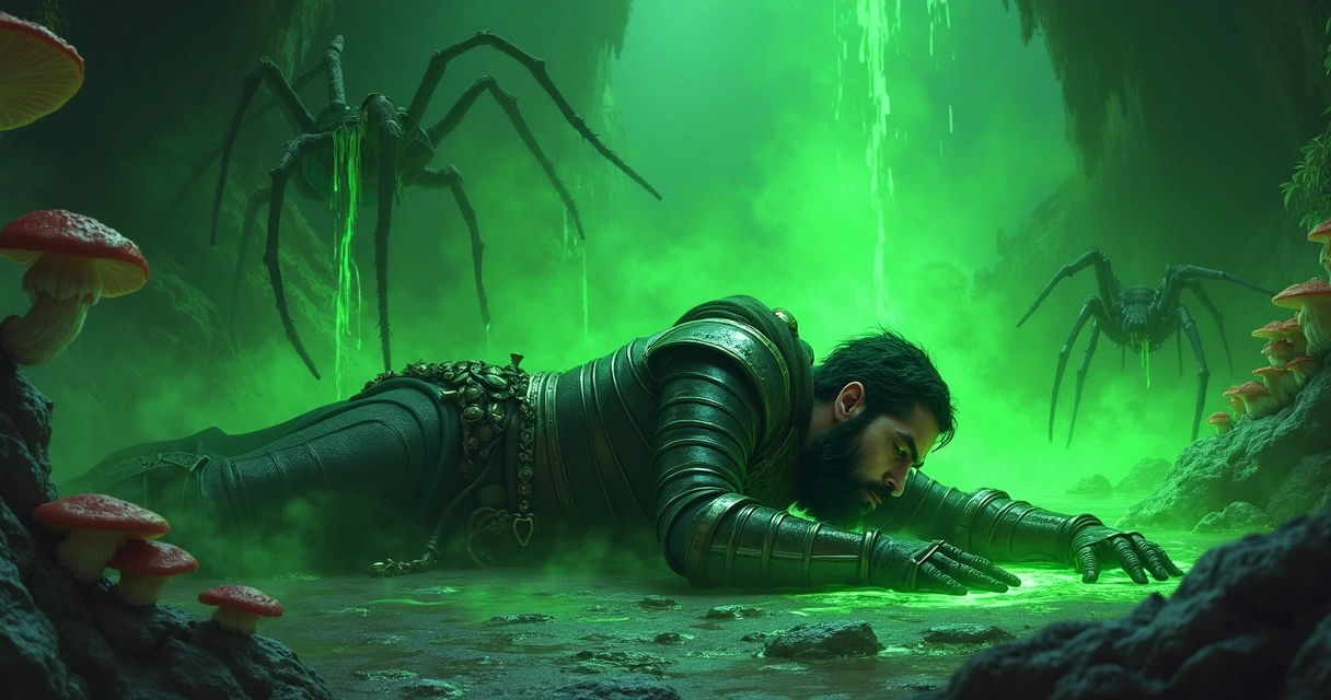 Personagem sendo envenenado em caverna sombria 