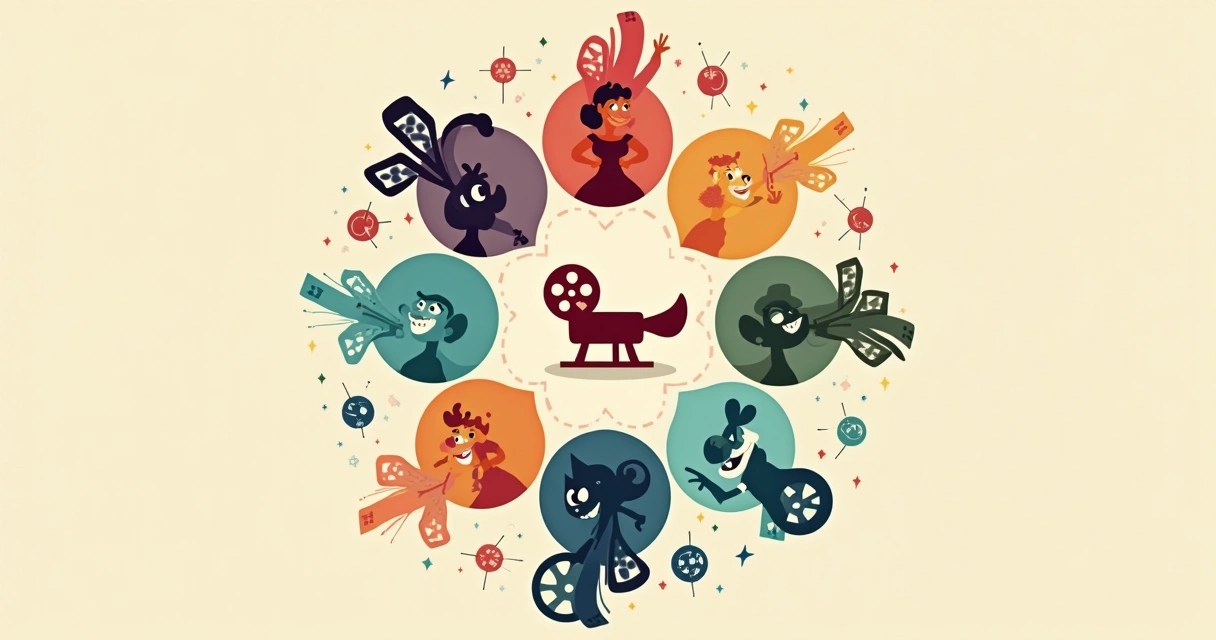 Círculo de personagens de animação em estilos clássicos diferentes em estúdio colorido 