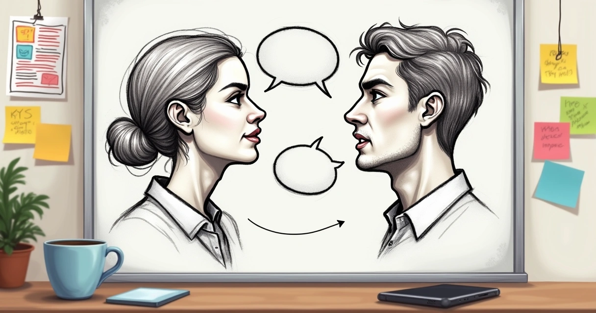 Esboços de personagens discutindo em um quadro branco 