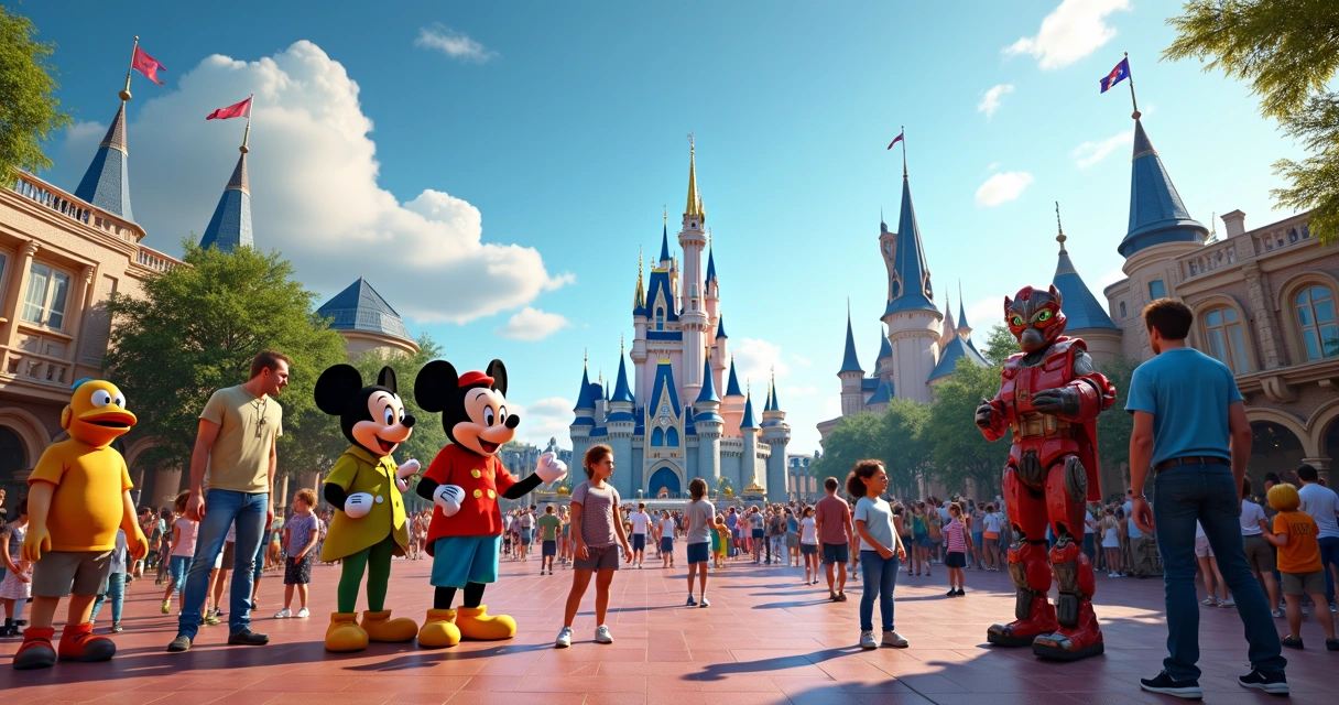 Personagens da Disney e Universal em parque temático com visitantes ao redor e cenários ao fundo