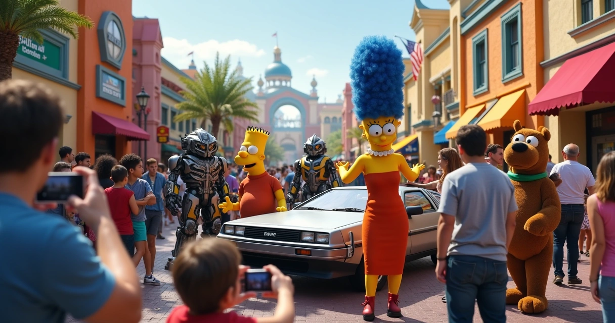 Personagens variados nos parques da Universal, incluindo super-heróis, figuras animadas e o DeLorean