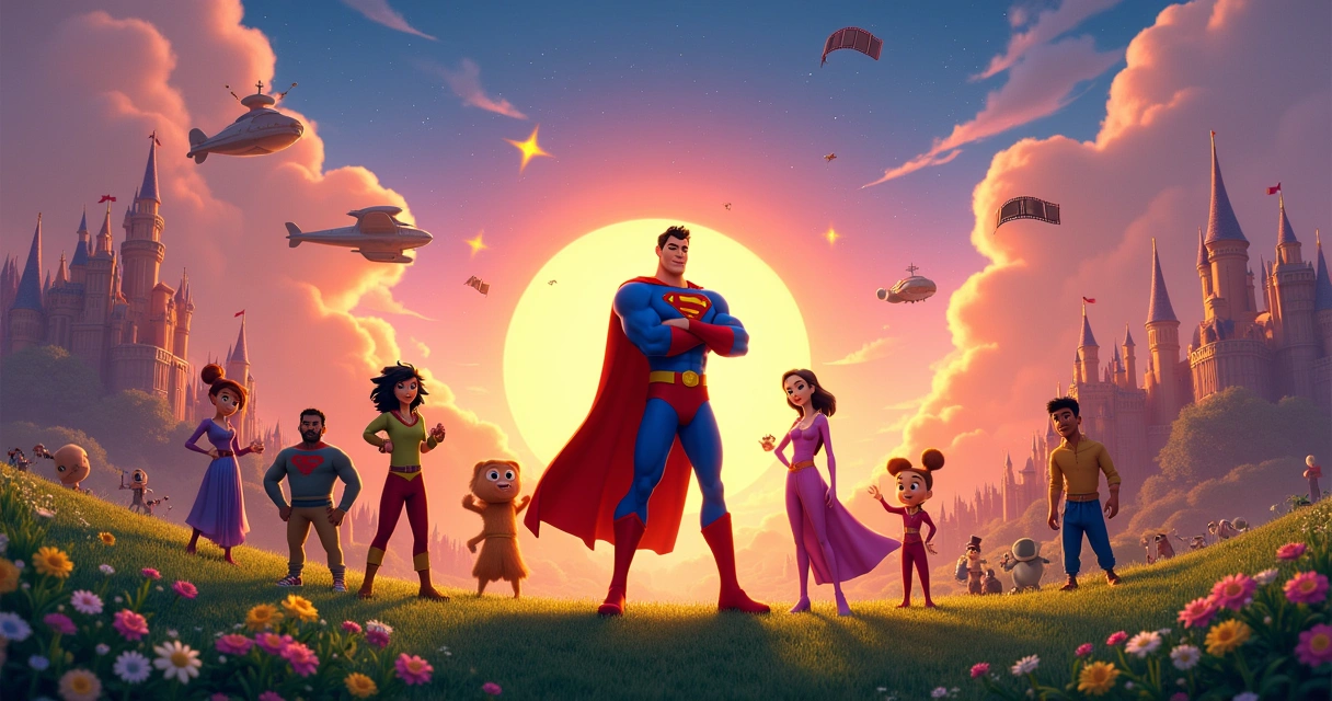 Personagens animados da Warner Bros em um cenário colorido, incluindo castelo, espaçonave e criaturas mágicas.