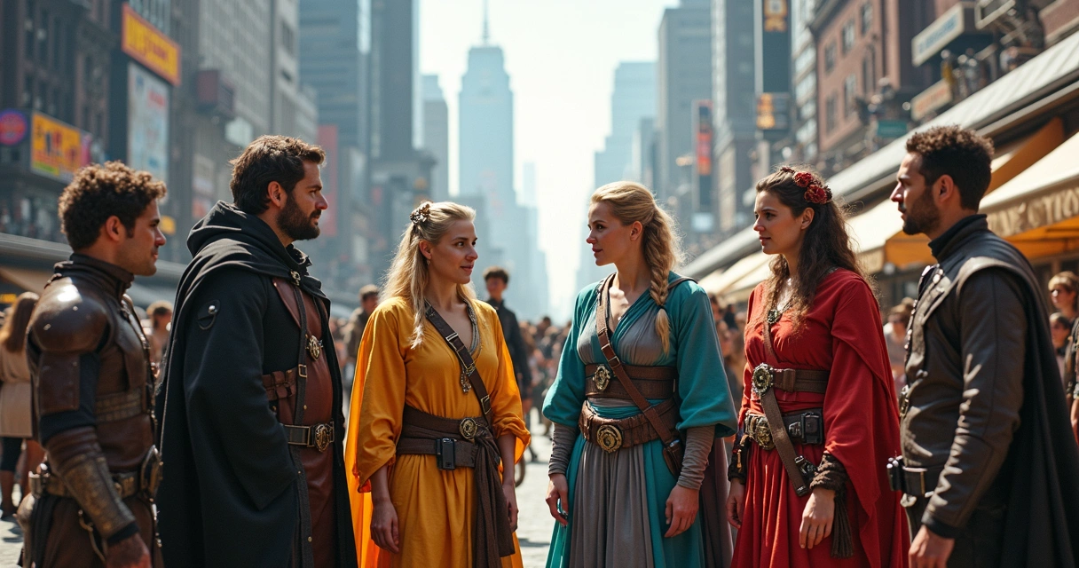 Personajes de mundos de fantasía reunidos en una ciudad moderna 