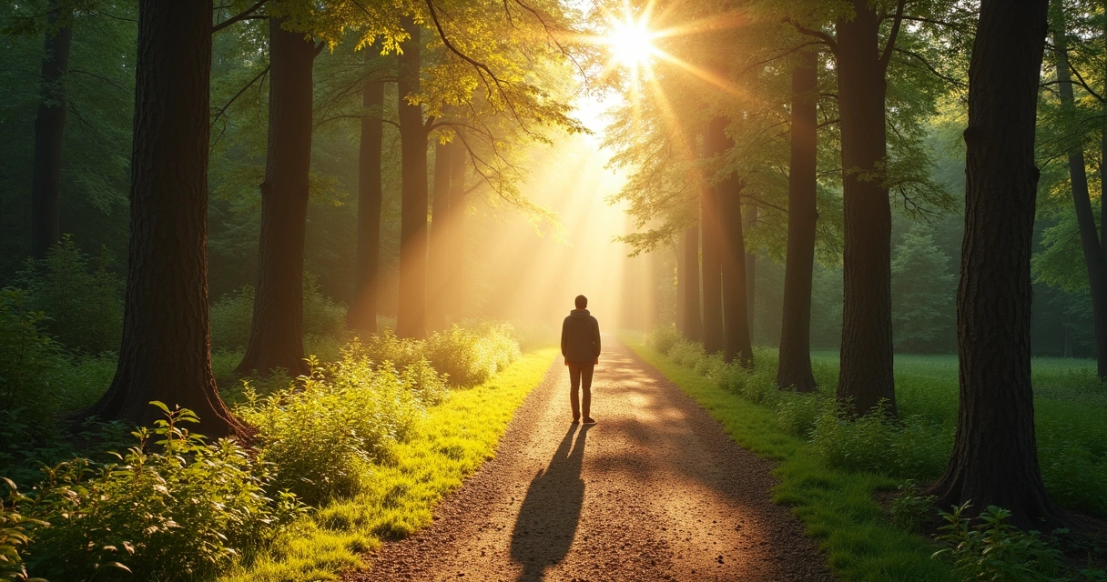Person standing on a forest path with sunlight breaking through trees, symbolizing a new journey