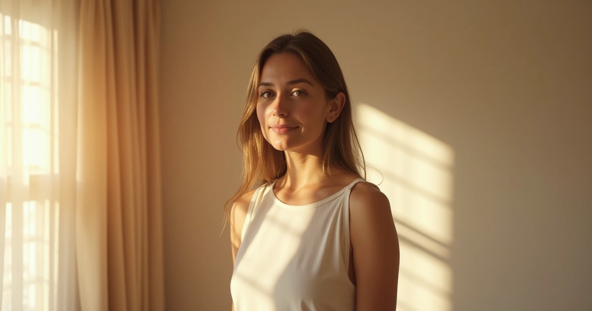 Woman standing confidently in a sunlit space with subtle, transparent borders around her.