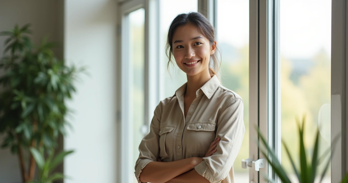 Confident young professional standing by themselves with subtle smile 