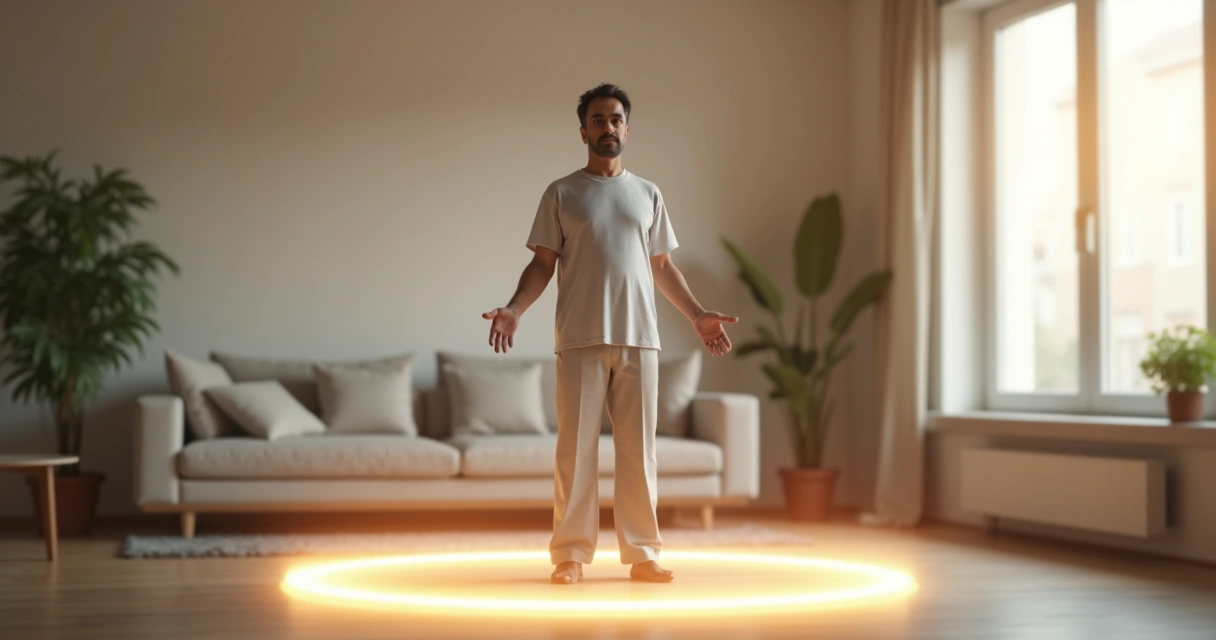 Calm adult standing in glowing circle setting healthy personal boundaries 