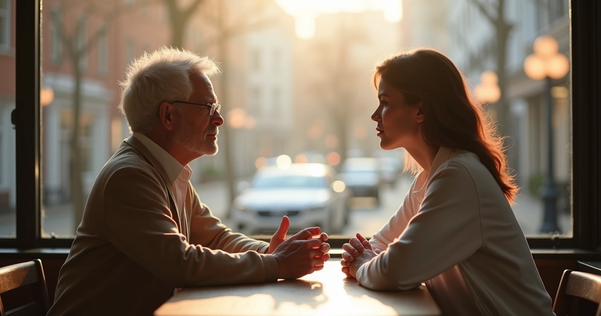 Two people talking at a table, each comfortably expressing themselves. 