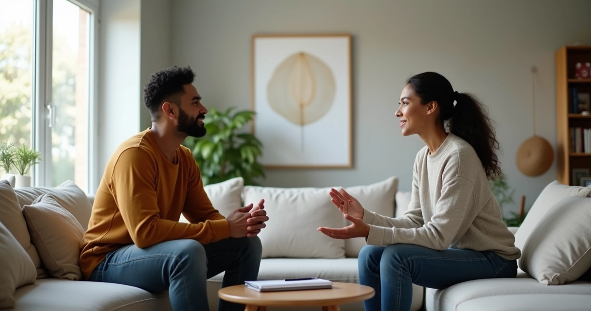 Two people calmly setting personal boundaries in a modern living room 