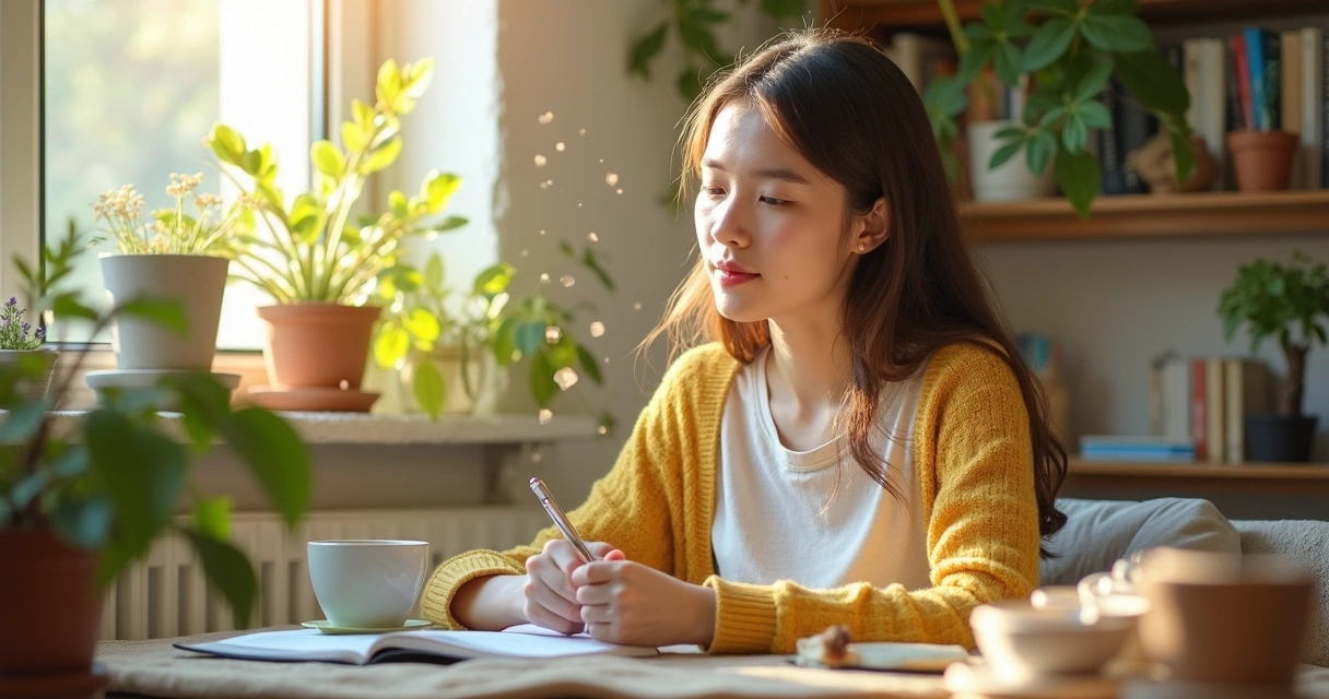 Young woman journaling in a sunlit room, subtle illustrations in the air suggesting personal growth and connections 