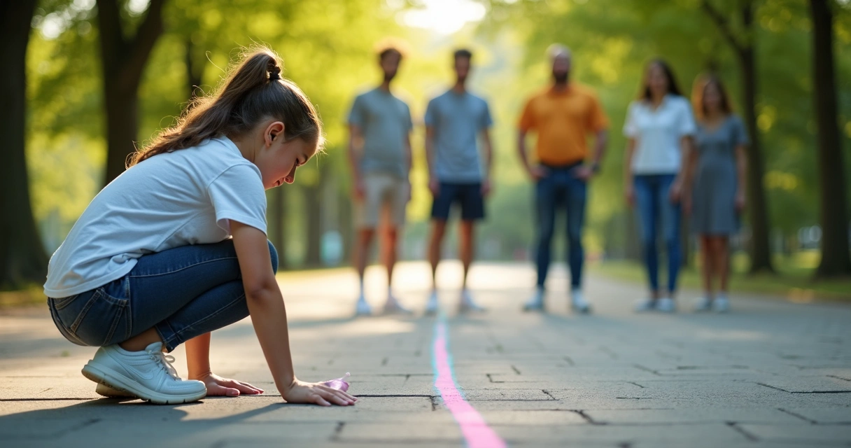 Person drawing a line on the ground with others respectfully standing at a distance 