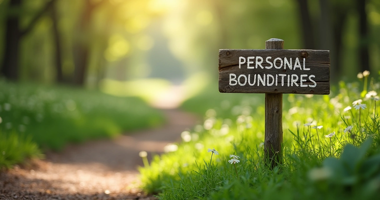 Wooden sign with the words personal boundaries on a grassy path 