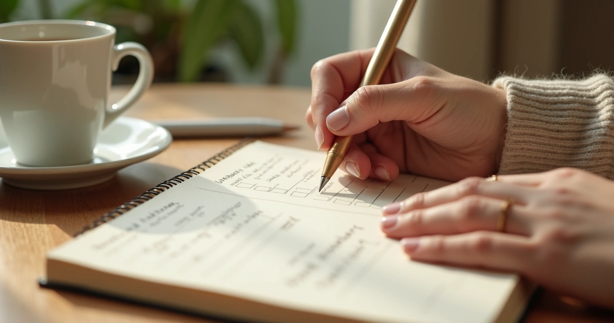 Person writing boundary notes in a journal beside a cup of tea 