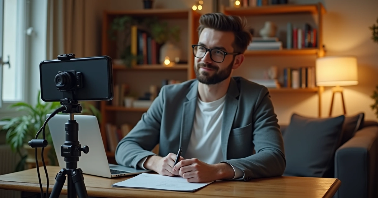 Founder recording video content in home office 