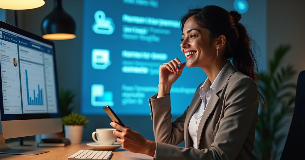 LinkedIn e Instagram projetados atrás de mulher olhando telefone