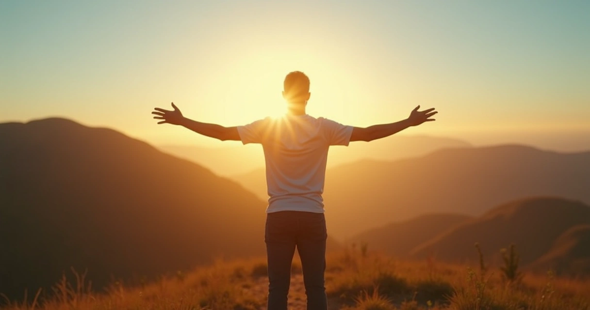 Person standing in nature with light radiating from heart and head 
