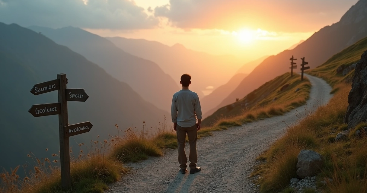 Person standing at a crossroads on a mountain path choosing a coherent direction 