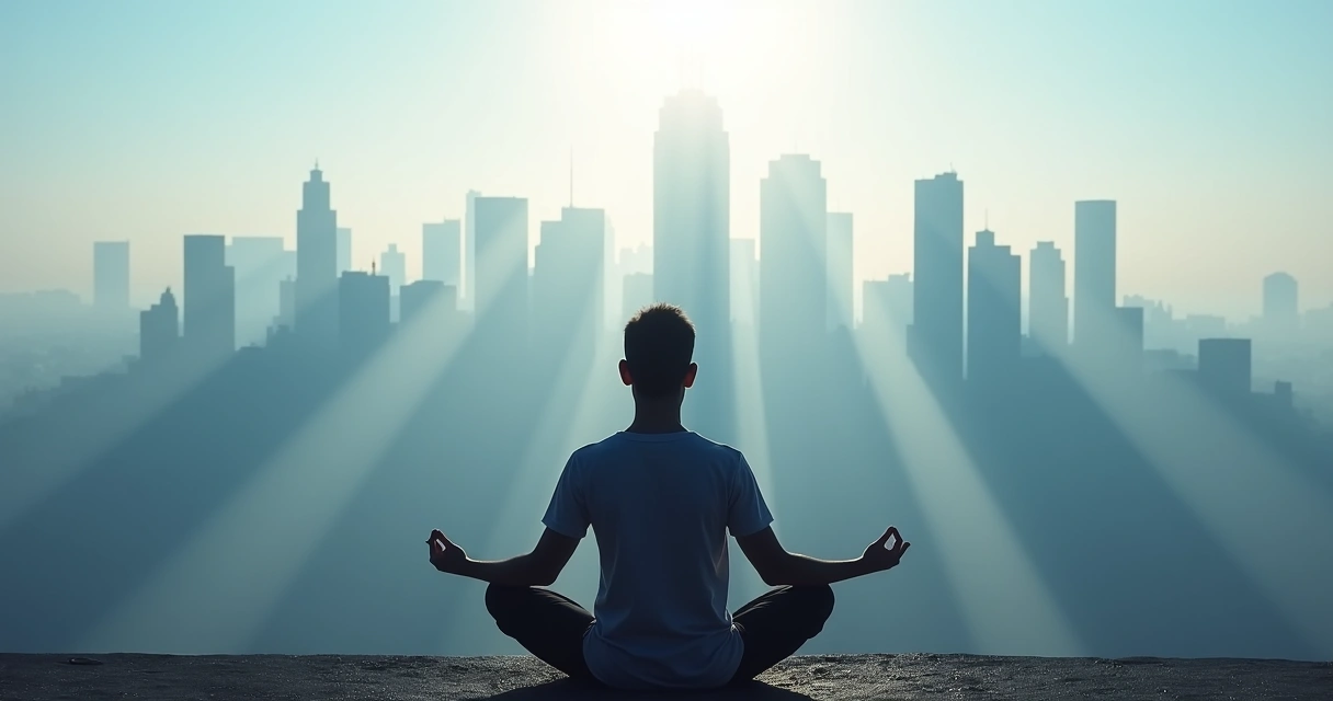 Person meditating with city skyline shadow merging behind