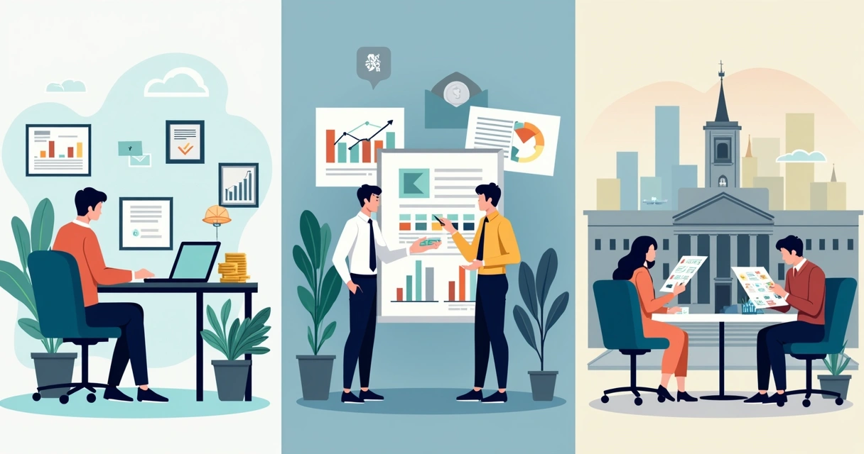 Illustration contrasting personal, corporate, and public finance elements side by side