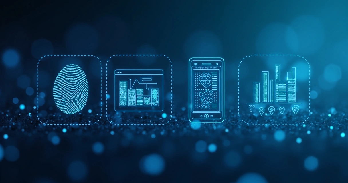 Various types of personal data icons, including biometric, behavioral, and location data, on a digital background 