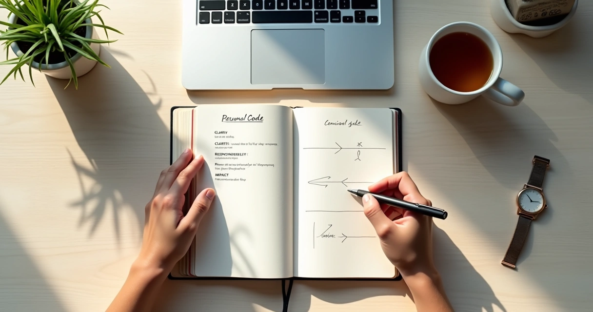 Person writing a personal decision code in a notebook at a clean desk 