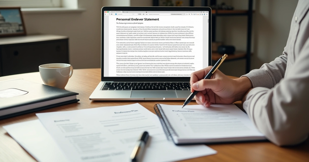 Visa applicant drafting a personal endeavor statement at organized desk 