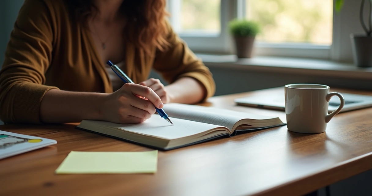 A person writing reflections in a journal at a tidy wooden desk