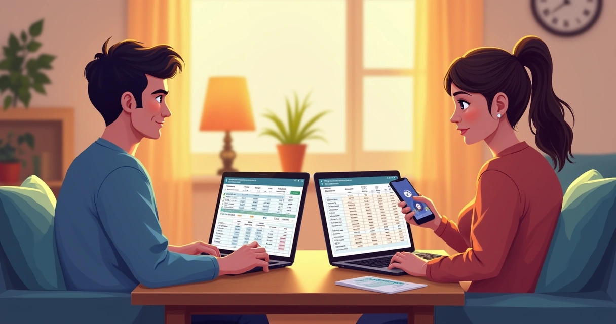 Two people sitting at a table, one using a laptop with a spreadsheet, the other using a smartphone with a finance app.