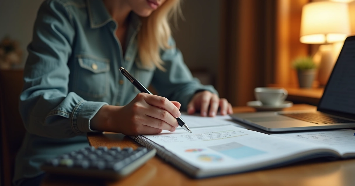 Person reviewing finances in a quiet room with journal 