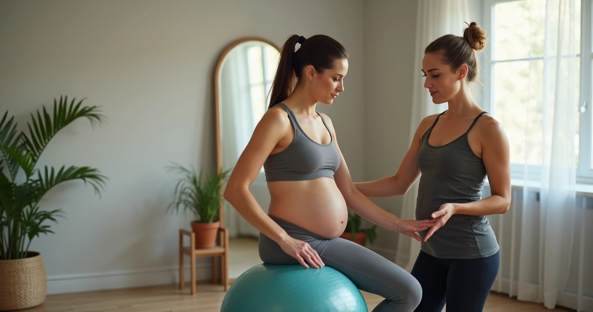 Treinadora orientando gestante em treino com bola de pilates 