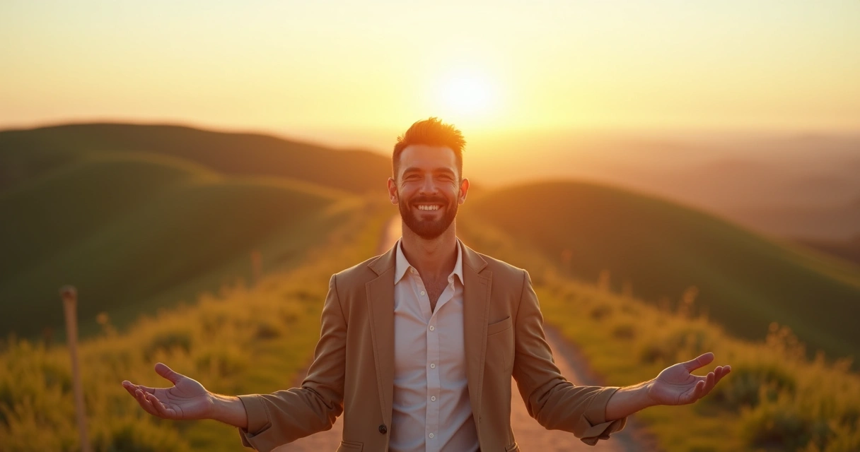 Person looking hopeful at sunrise, open path ahead