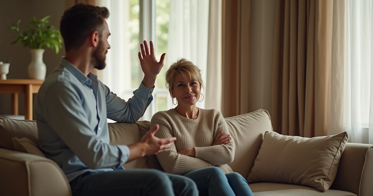 Woman sitting on a sofa, looking confident and setting a boundary with a partner standing nearby