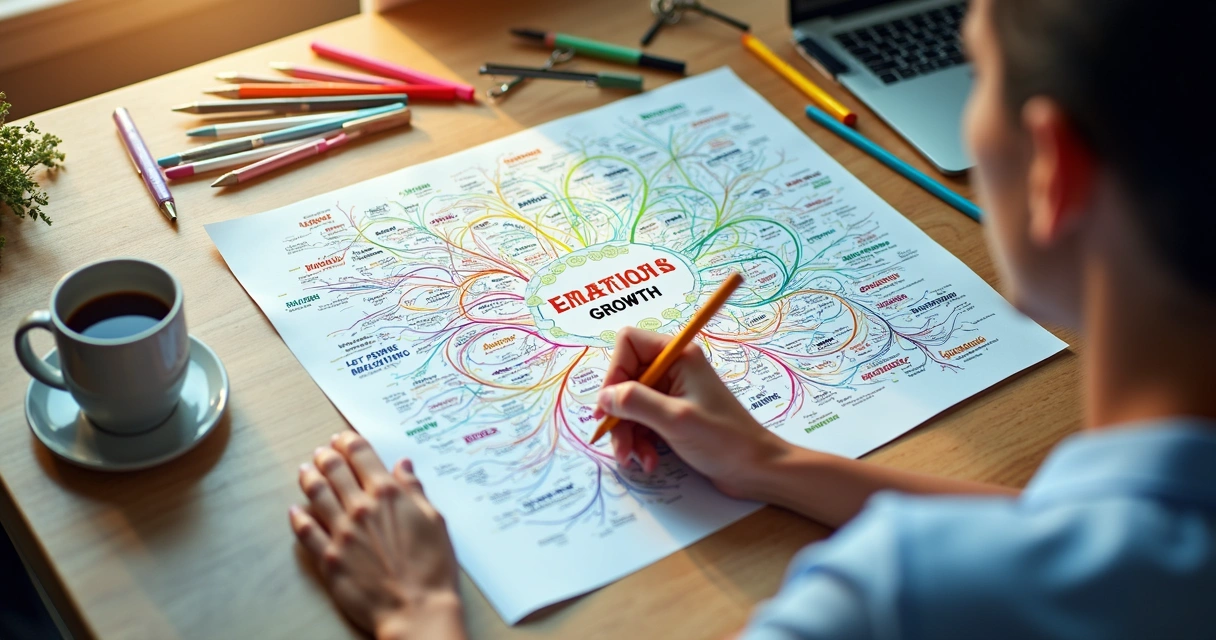 Hand-drawn diagram with lines connecting words like emotions, habits, time, and people.