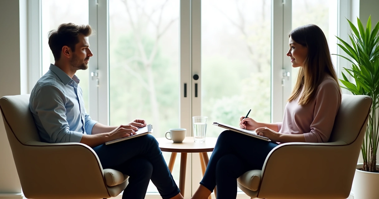 Two people sitting in a modern room having a deep conversation